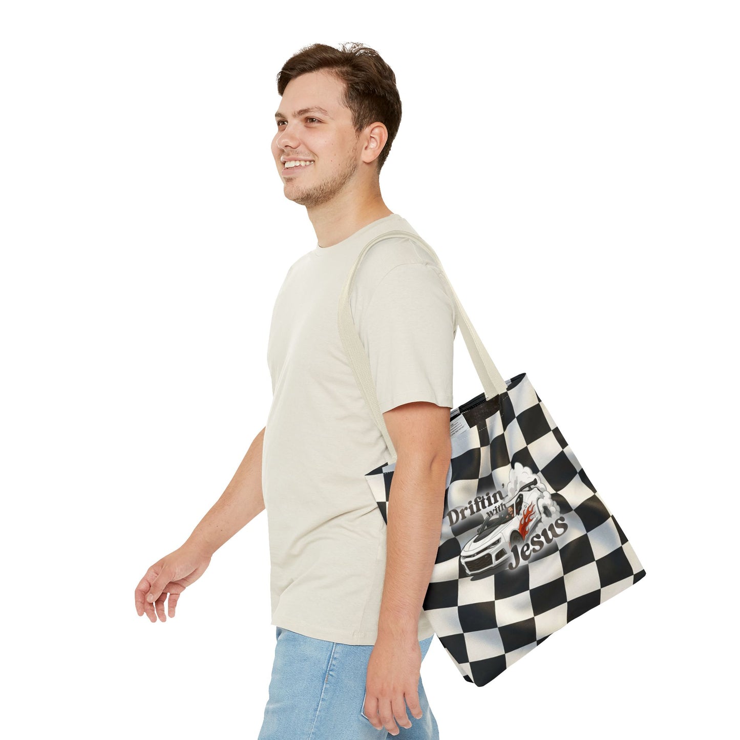 Driftin' with Jesus Racing Tote Bag - Checkered Flag Christian Car Gift