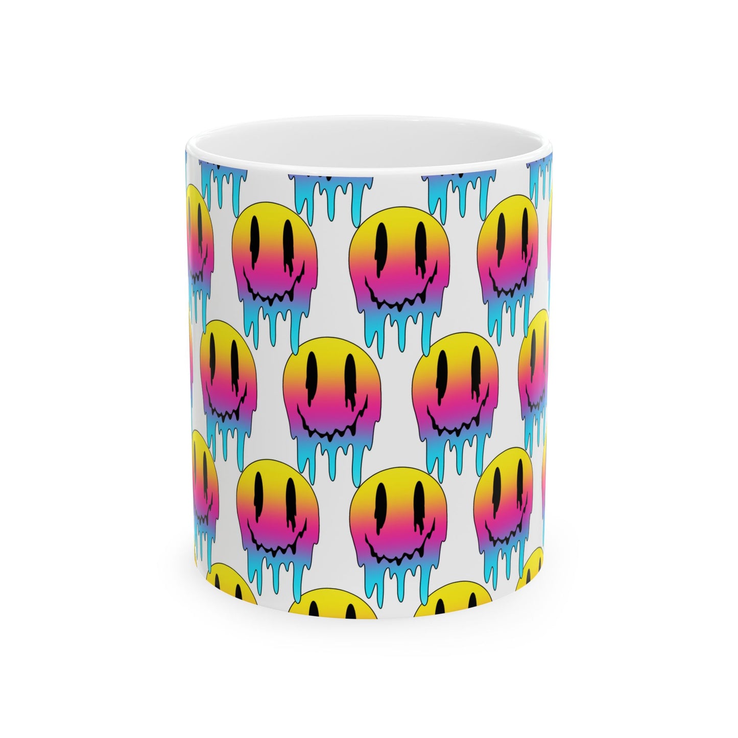 Dripping Neon Smile Ceramic Mug — Colorful Melting Emoji Coffee Cup (11oz/15oz)