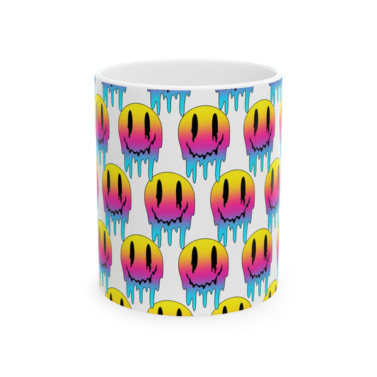 Dripping Neon Smile Ceramic Mug — Colorful Melting Emoji Coffee Cup (11oz/15oz)