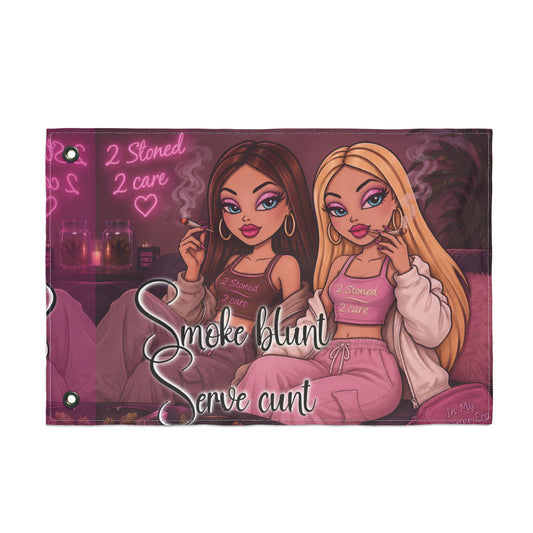 Double-Sided Flag - 'Smoke blunt Serve cunt' Pink Stoner Girl Decorative Garden Banner
