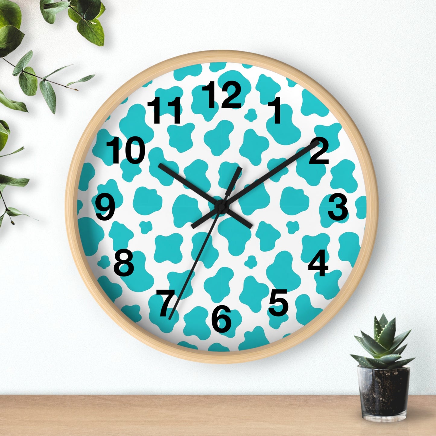 Teal cow Print Wall Clock — Modern Animal-Print Timepiece for Home Decor