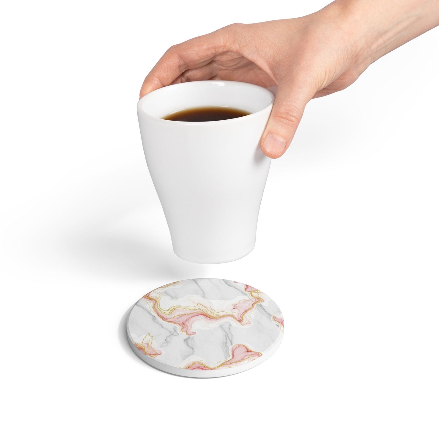 Marble Pink & Gold Swirl Ceramic Coaster — Elegant Drink Coaster for Home Décor