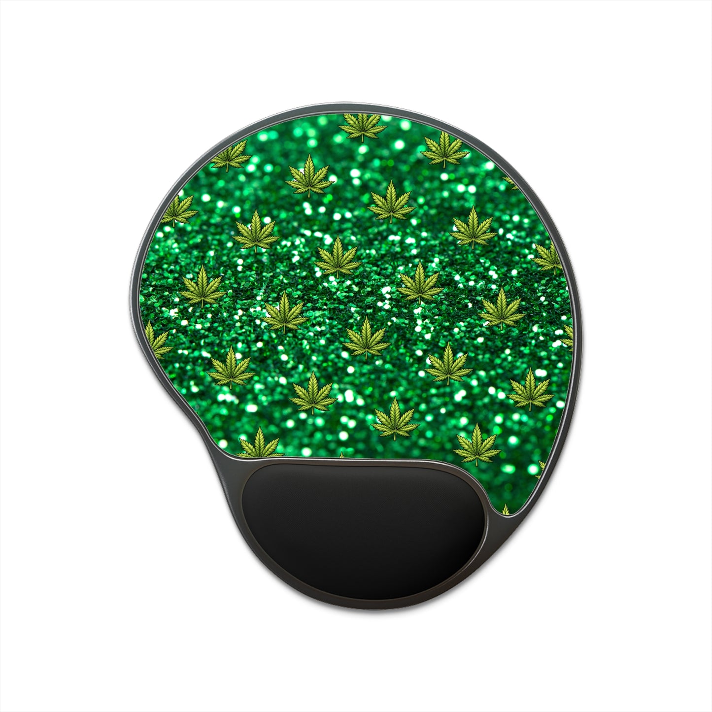 Green Glitter Cannabis Leaf Mouse Pad with Ergonomic Wrist Rest