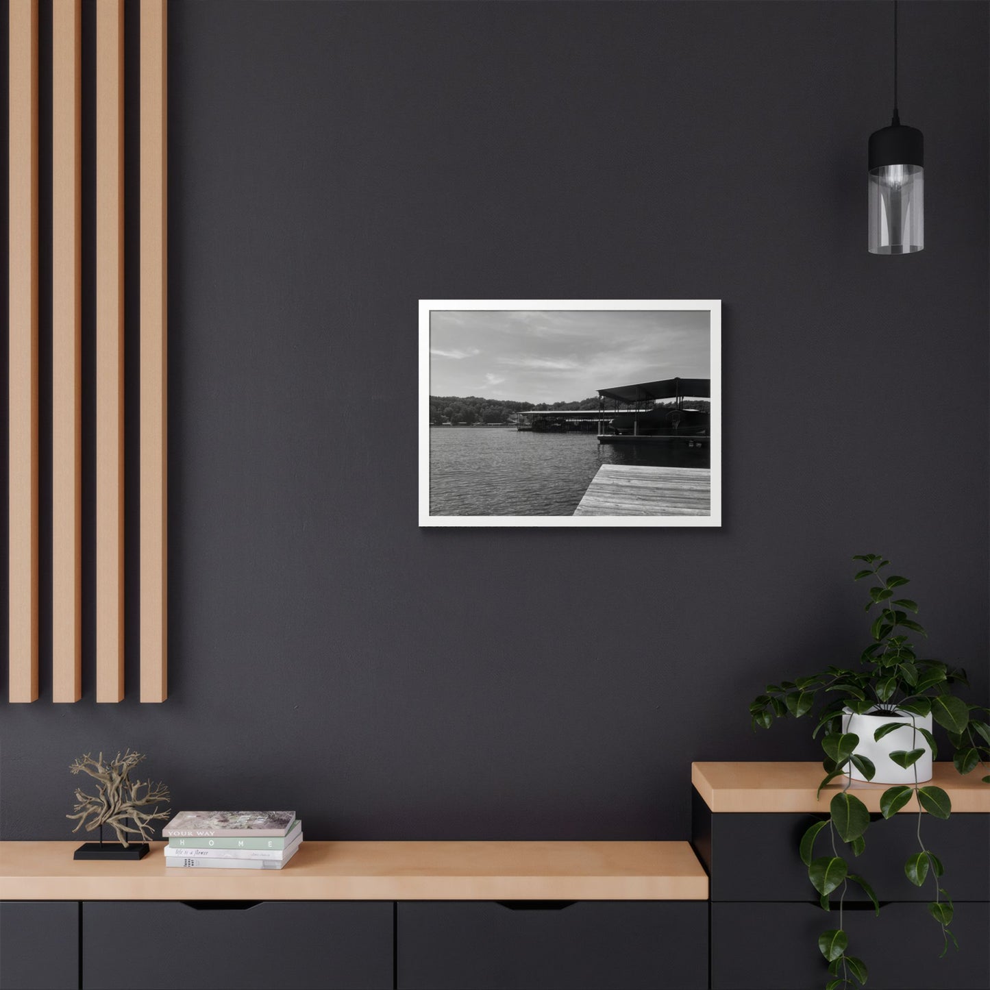 Lake Dock Framed Poster — Black & White Waterfront Wall Art