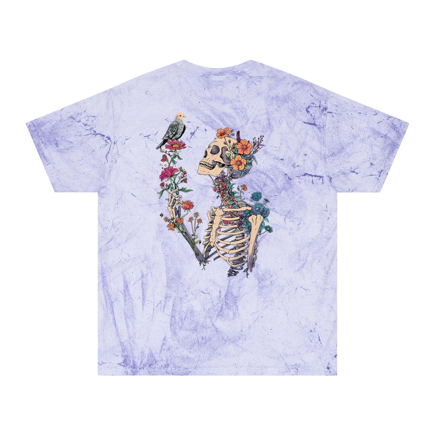 Floral Skeleton Graphic T-Shirt – Color Blast Skull & Bird Design