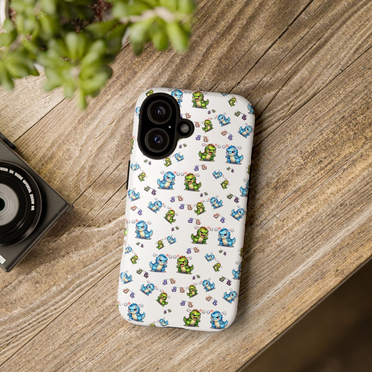 Cute Dino Pattern Phone Case — Cartoon Green & Blue Dino Tough Case, Protective iPhone Cover