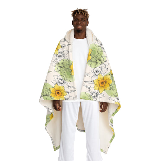 Hooded Sherpa Blanket — Yellow & Green Daffodil Floral Fleece Throw