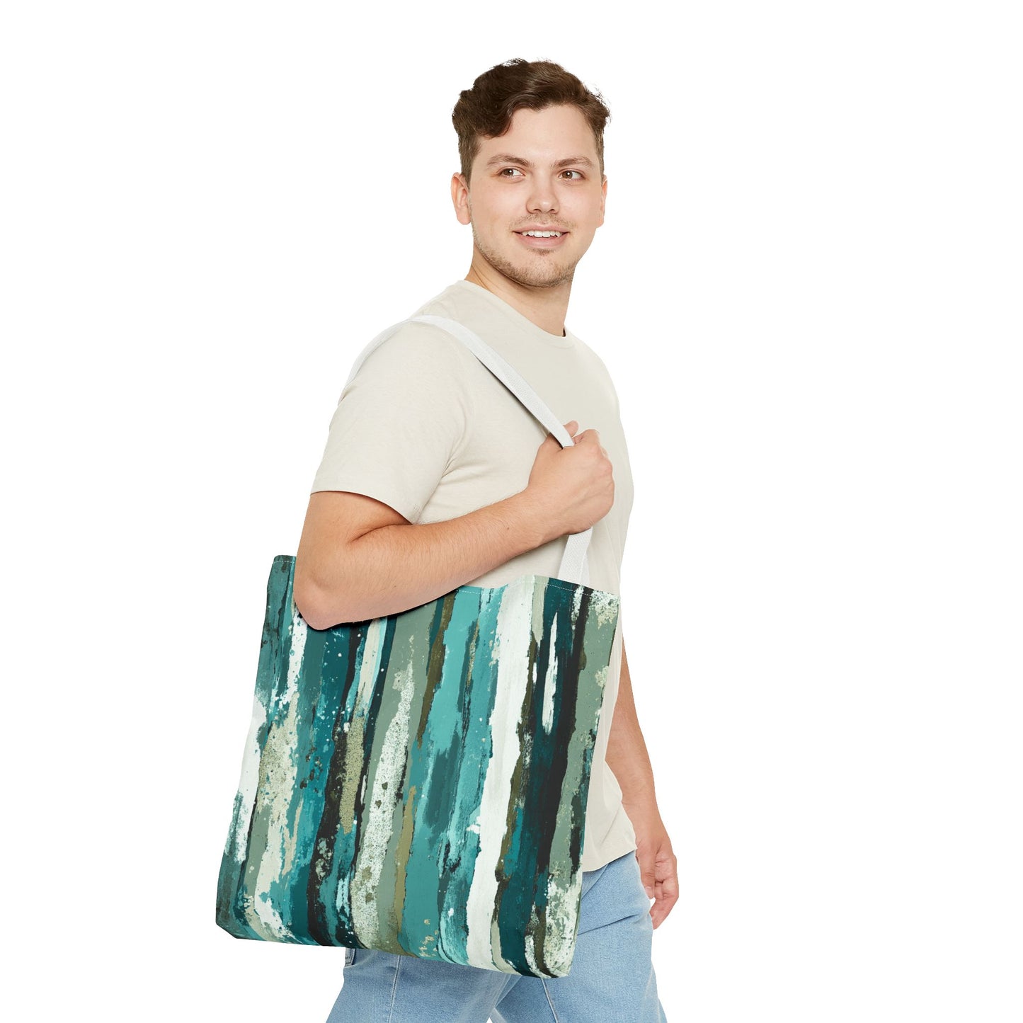 Abstract Teal Stripes Tote Bag — Vertical Brushstroke Pattern