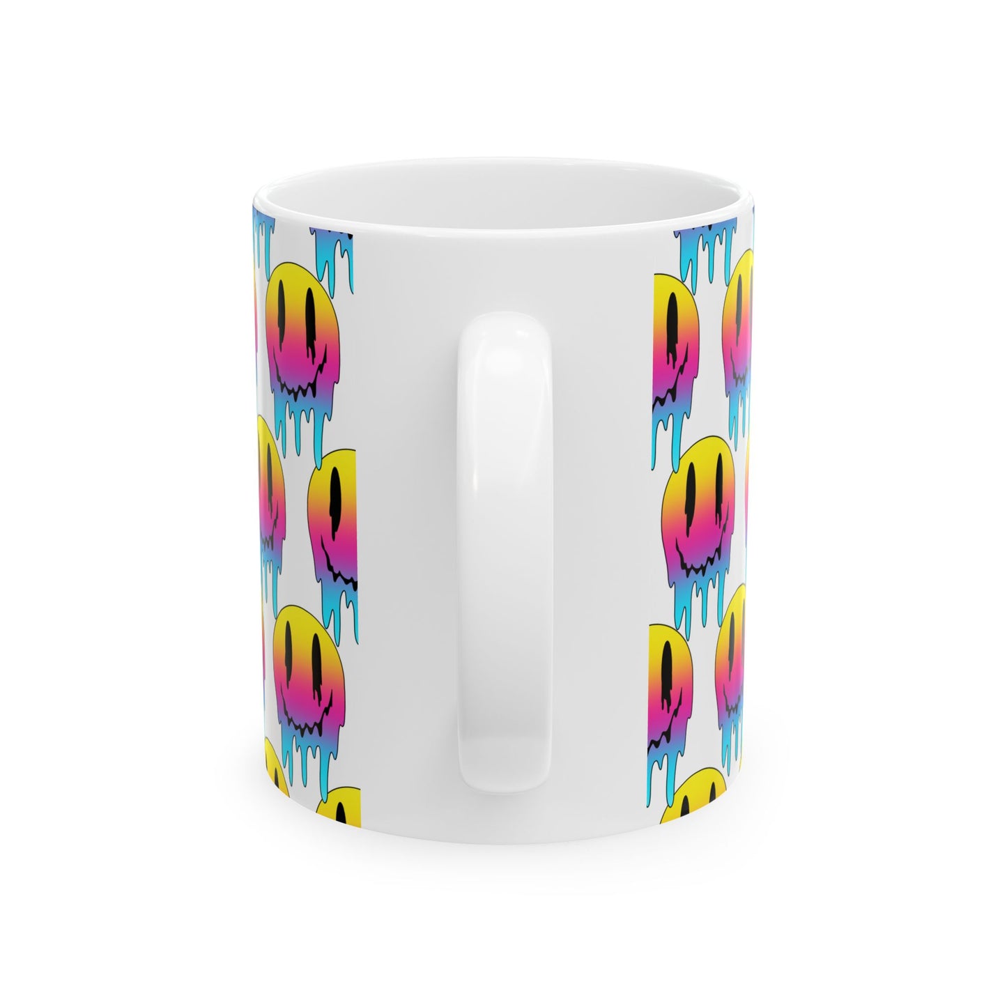 Dripping Neon Smile Ceramic Mug — Colorful Melting Emoji Coffee Cup (11oz/15oz)