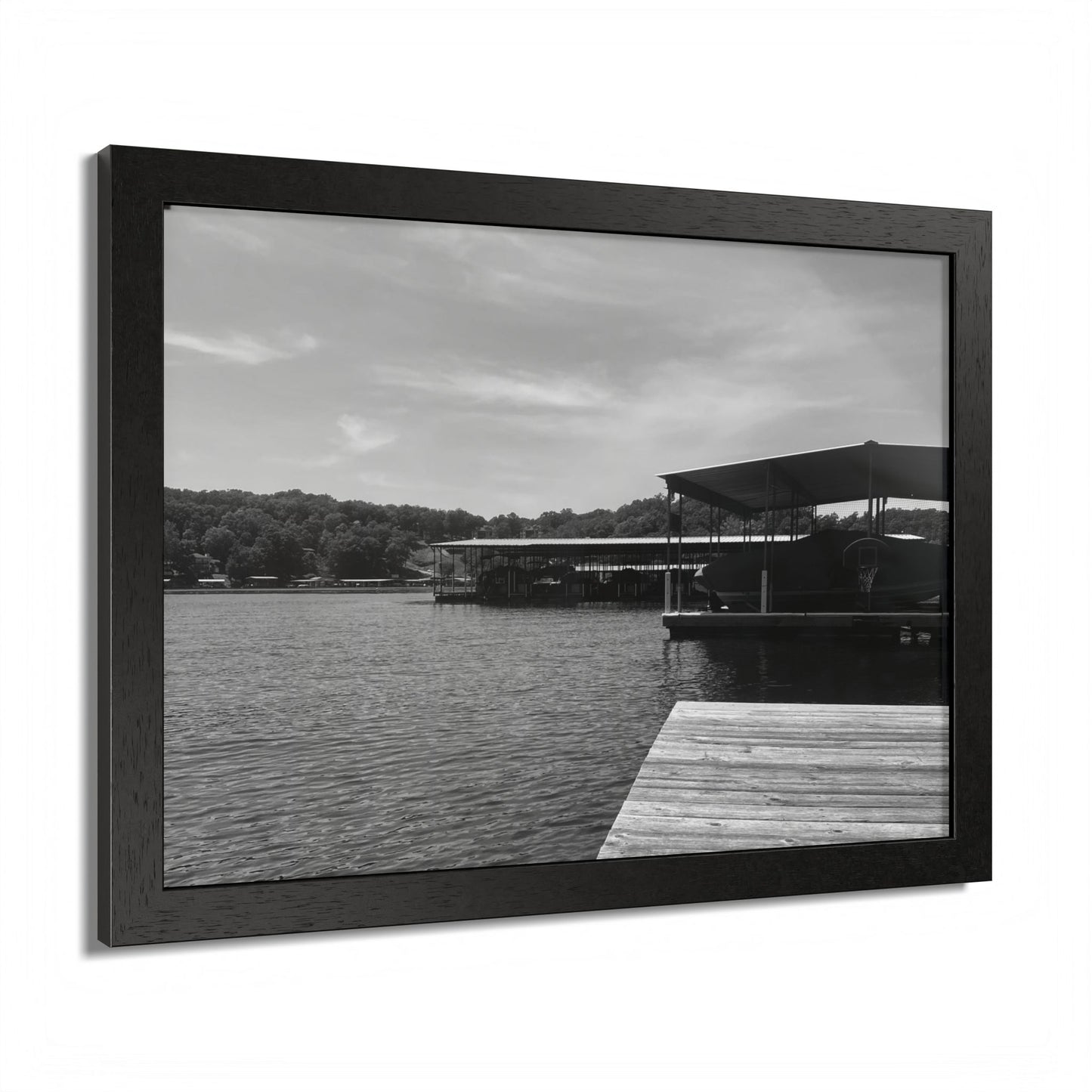Lake Dock Framed Poster — Black & White Waterfront Wall Art