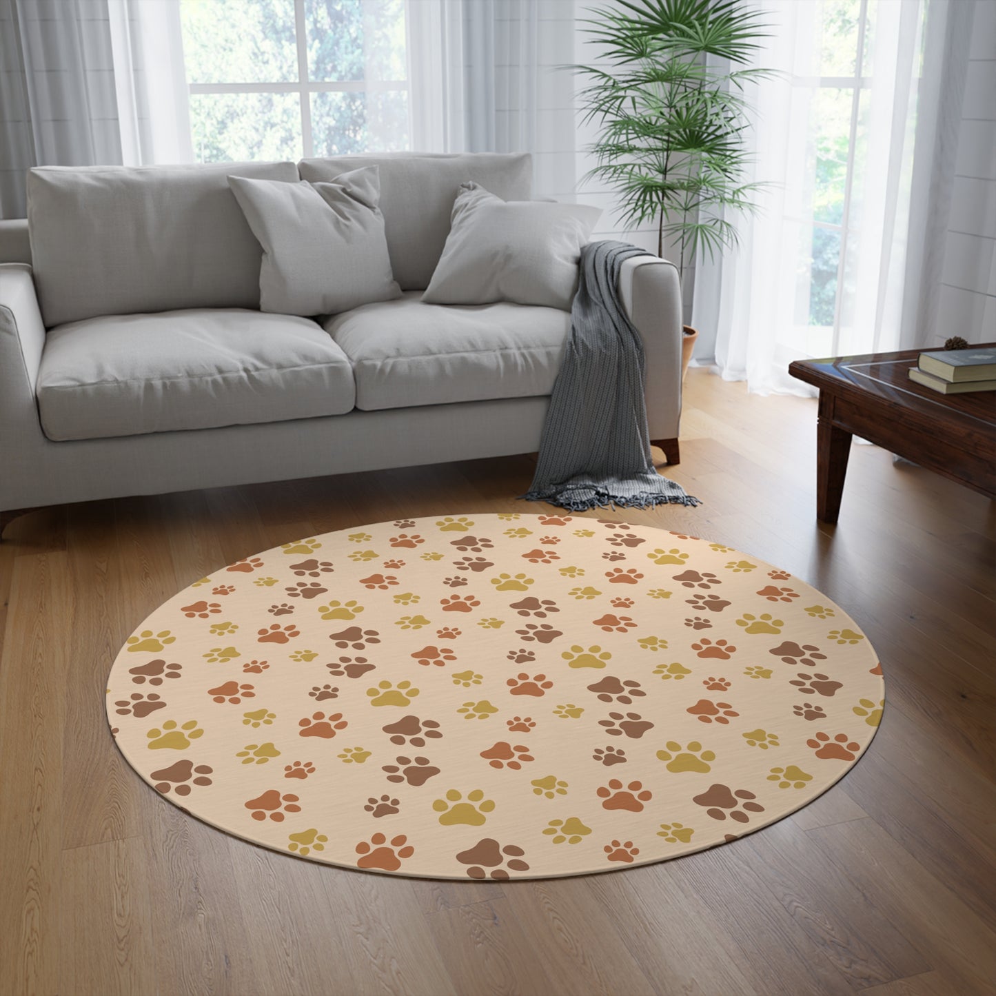 Round Pet Paw Print Rug — Neutral Beige Accent Mat for Entryway, Nursery, or Pet Area