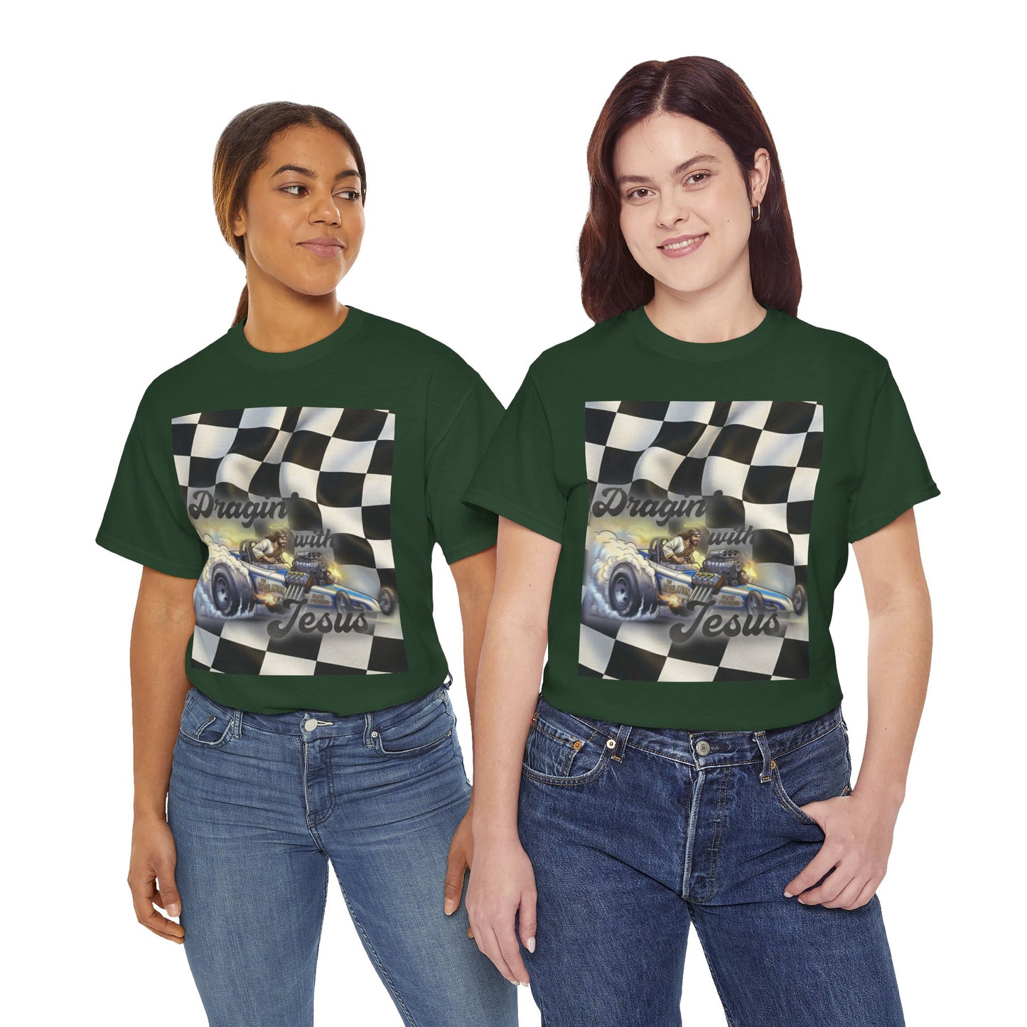 Racing Faith Tee – "Draggin' for Jesus" Checkered Flag Racing T-Shirt