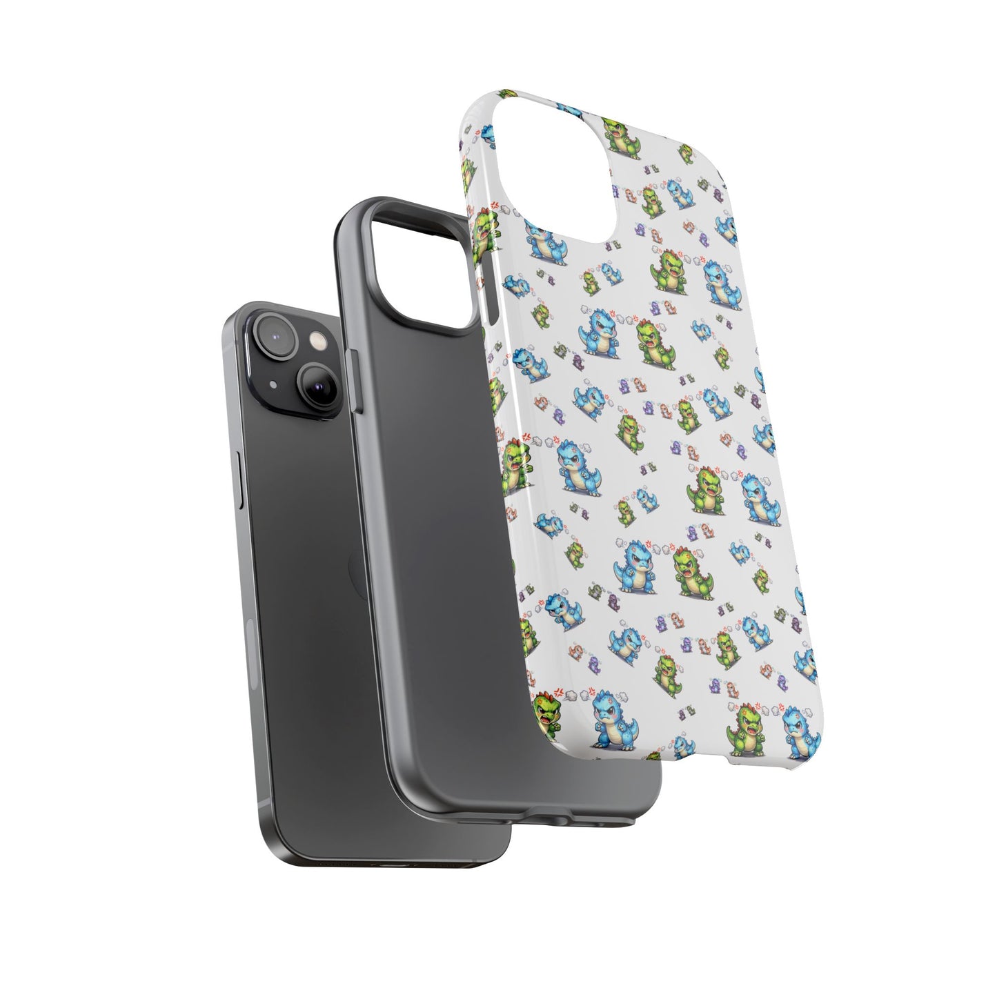Cute Dino Pattern Phone Case — Cartoon Green & Blue Dino Tough Case, Protective iPhone Cover