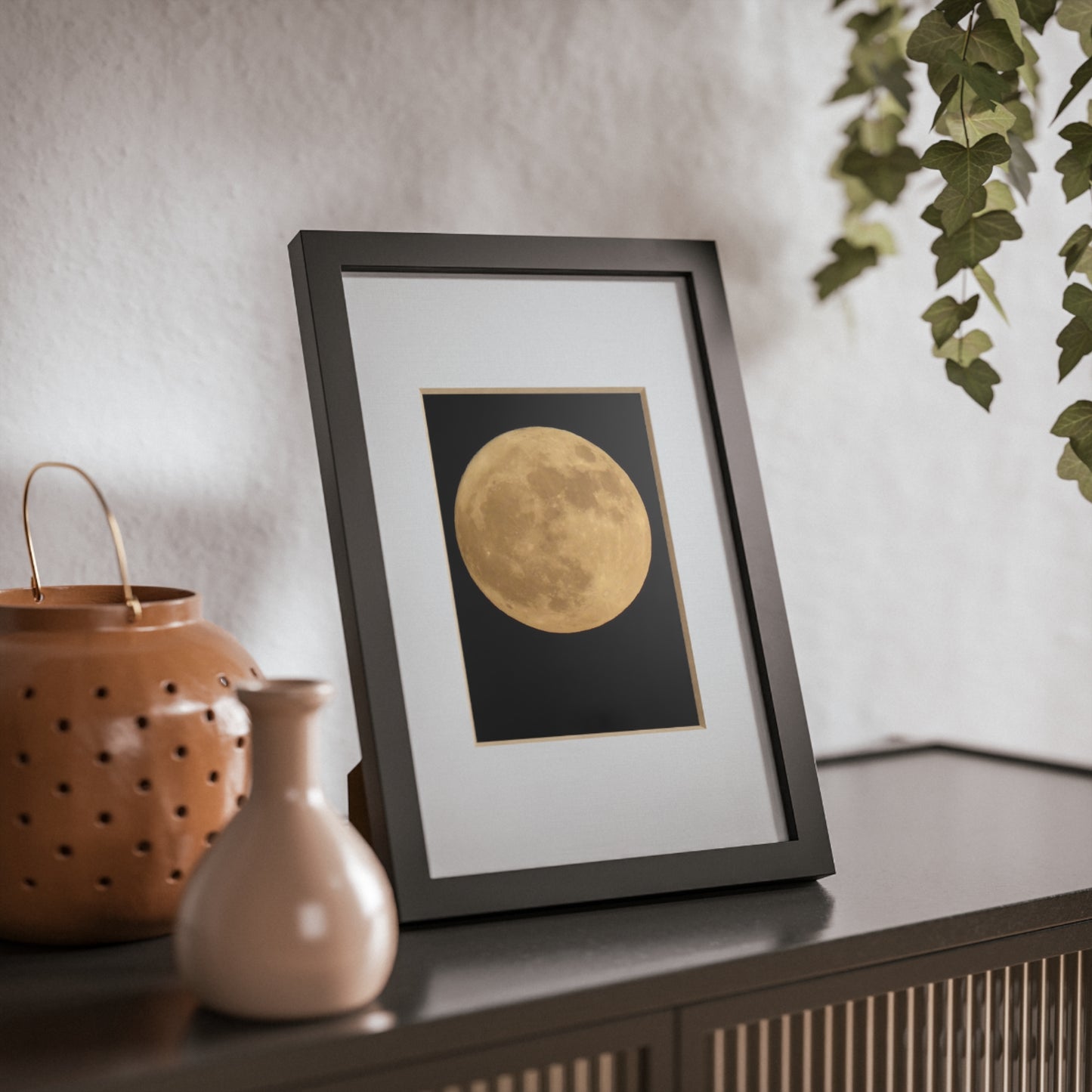Moon Print Framed Poster — Gold Lunar Art in Black Frame