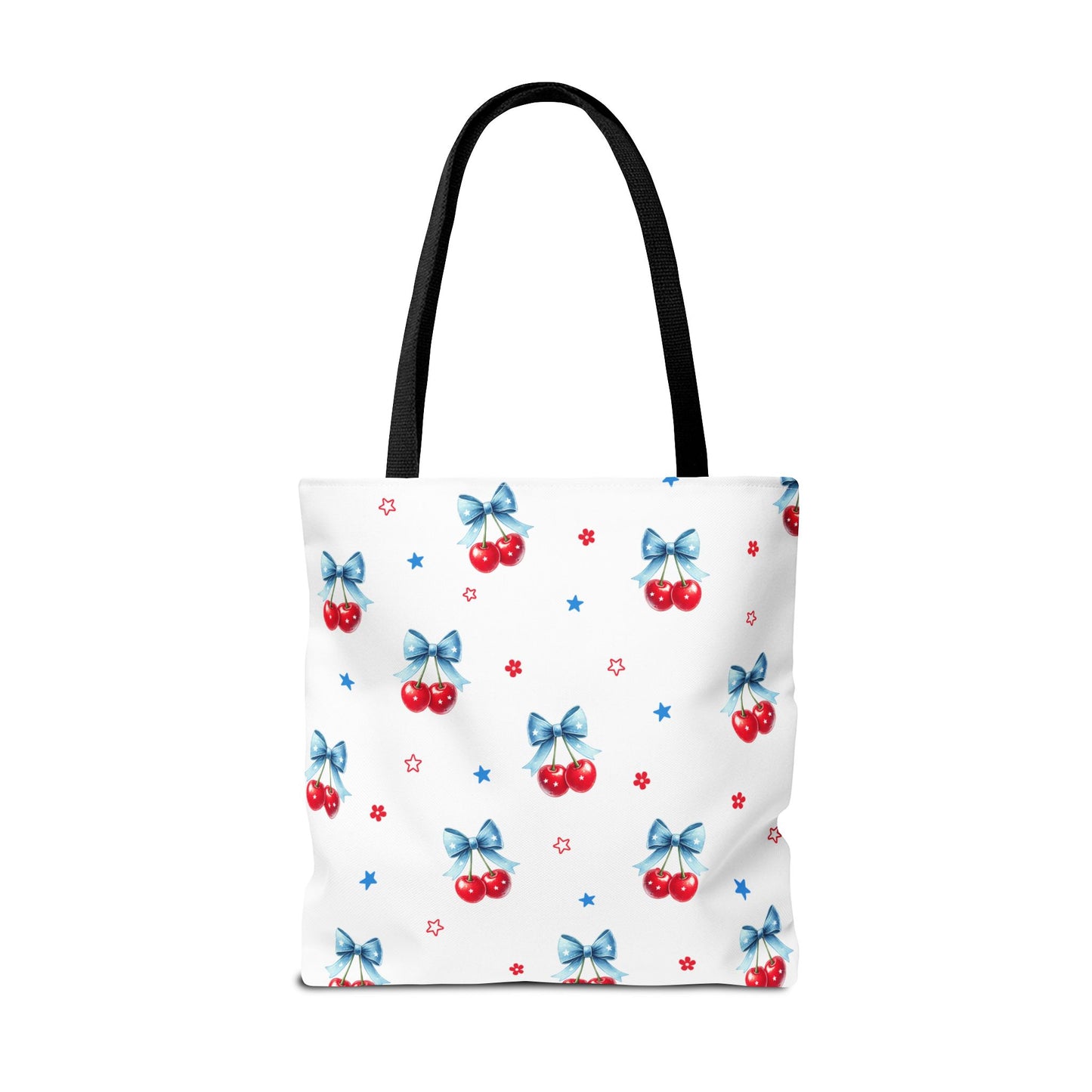 Cherry Bow Tote Bag — Cute Red Cherries with Blue Bows Patterned Shopper