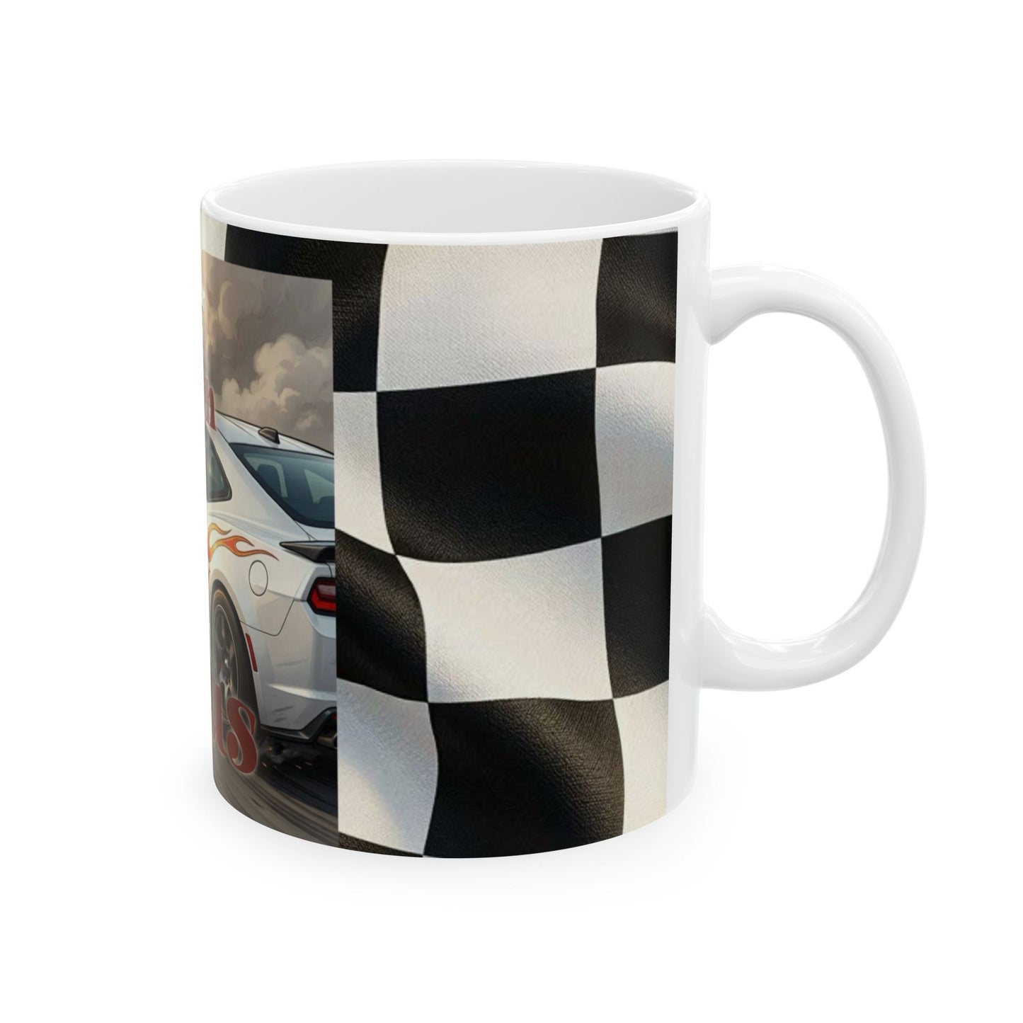 Dragin' with Jesus Ceramic Mug — Racing Checkered Design with Faith Car Graphic (11oz/15oz)