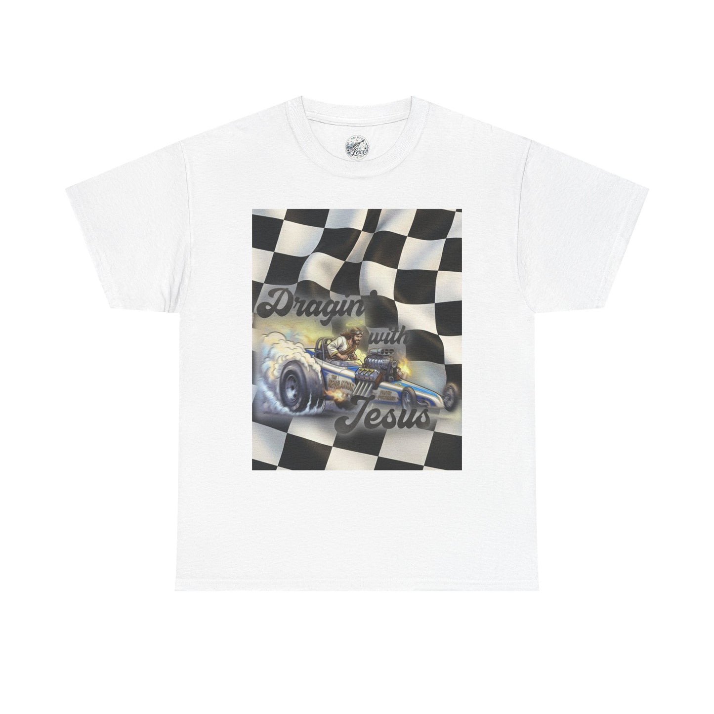 Racing Faith Tee – "Draggin' for Jesus" Checkered Flag Racing T-Shirt