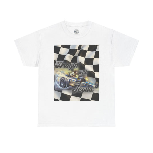 Racing Faith Tee – "Draggin' for Jesus" Checkered Flag Racing T-Shirt