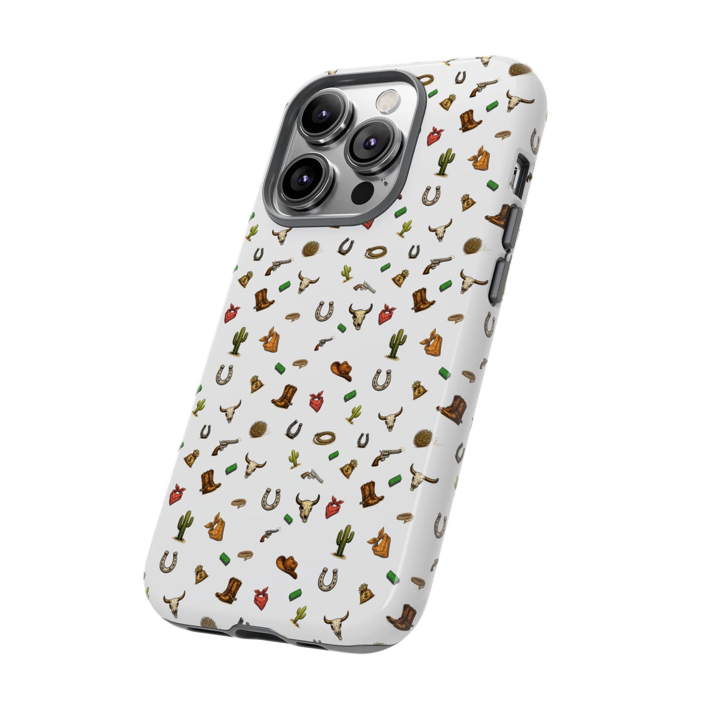 Western Cowboy Pattern Phone Case — Rodeo Hat, Horseshoe & Cactus Tough Case