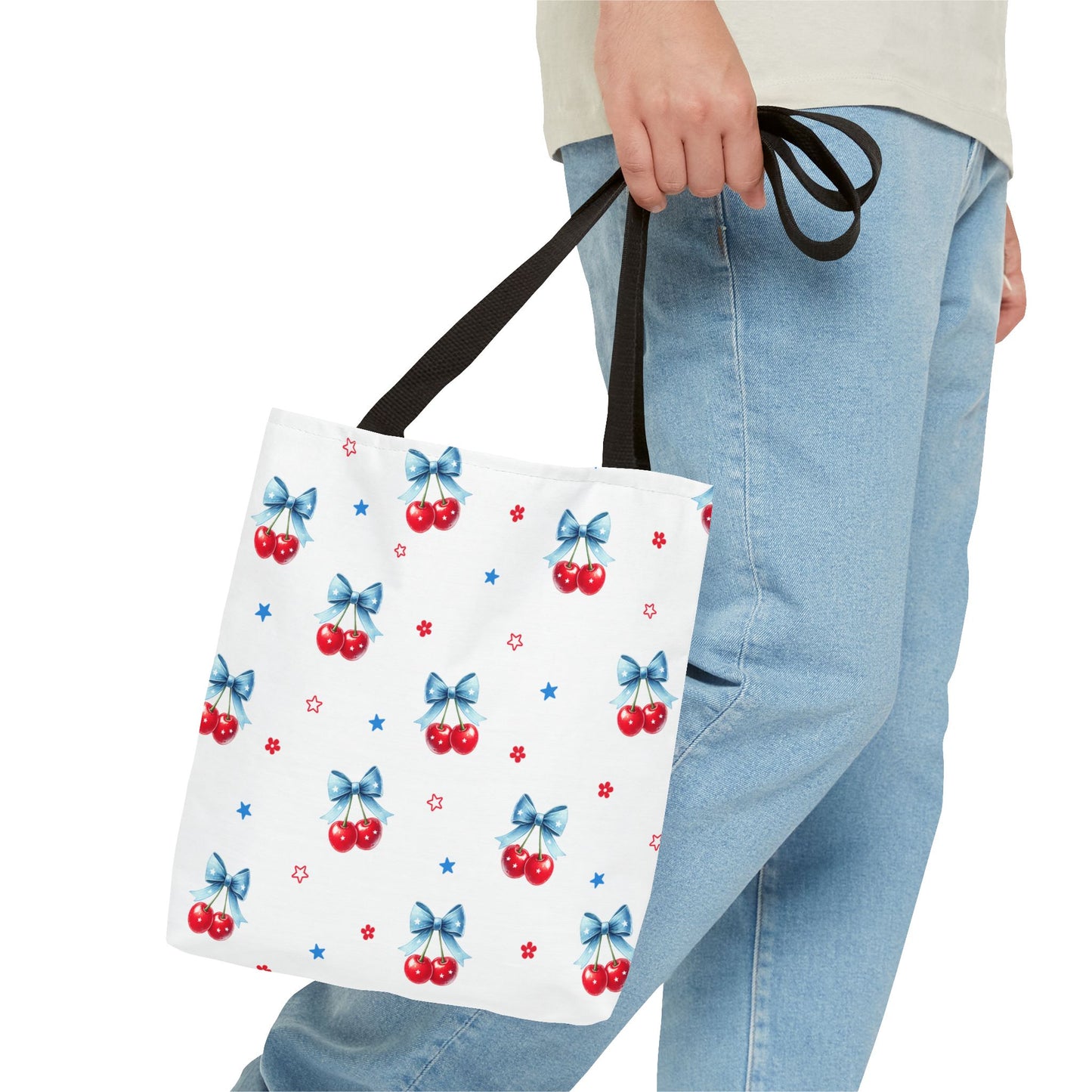 Cherry Bow Tote Bag — Cute Red Cherries with Blue Bows Patterned Shopper