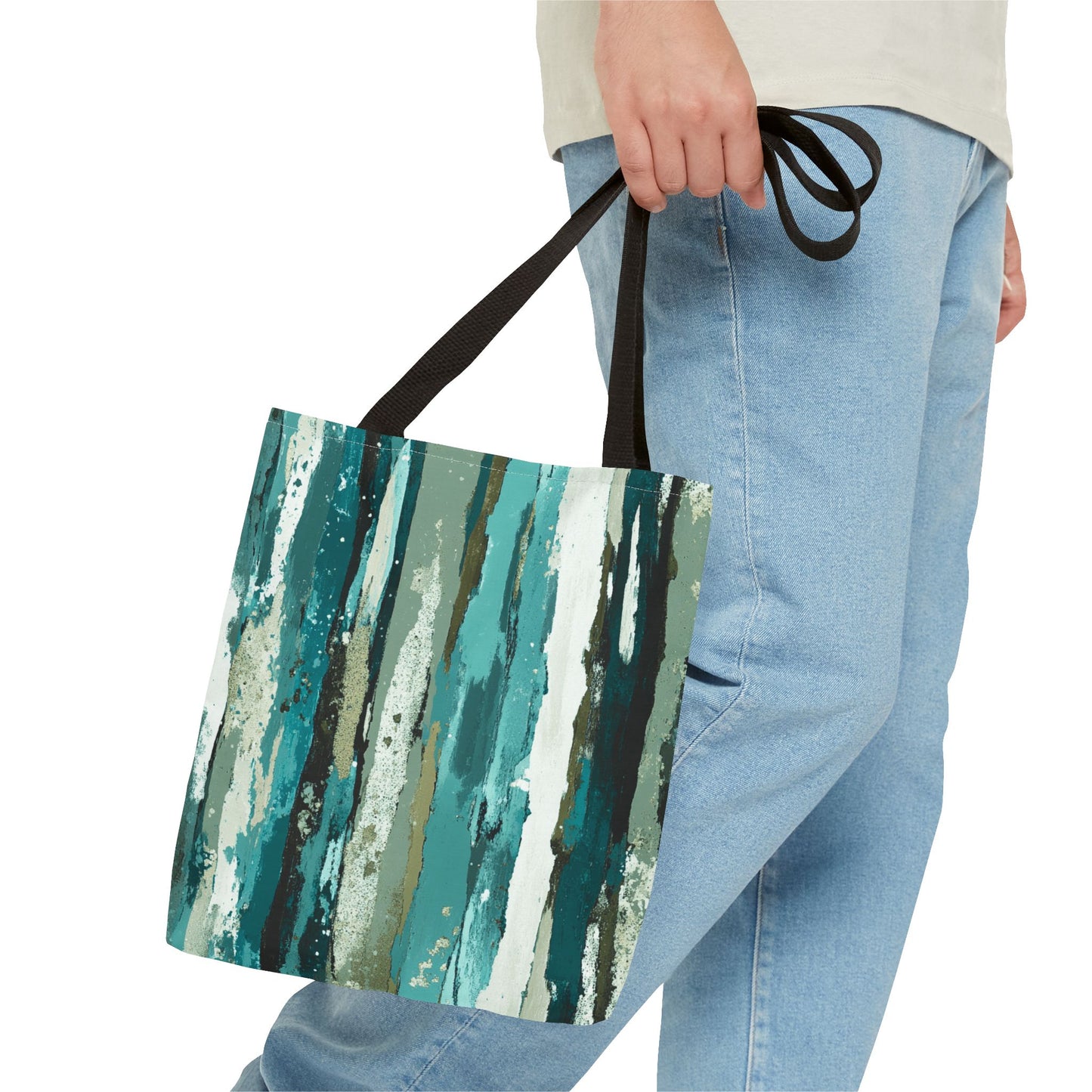 Abstract Teal Stripes Tote Bag — Vertical Brushstroke Pattern