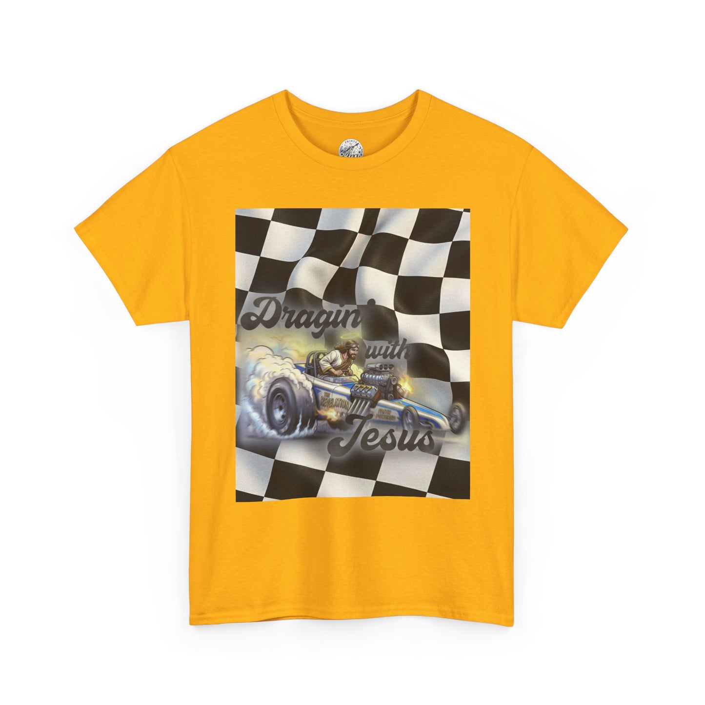 Racing Faith Tee – "Draggin' for Jesus" Checkered Flag Racing T-Shirt
