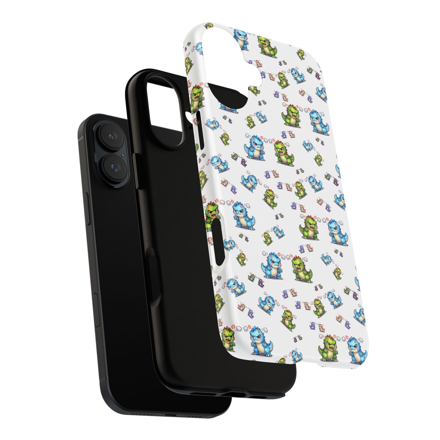 Cute Dino Pattern Phone Case — Cartoon Green & Blue Dino Tough Case, Protective iPhone Cover