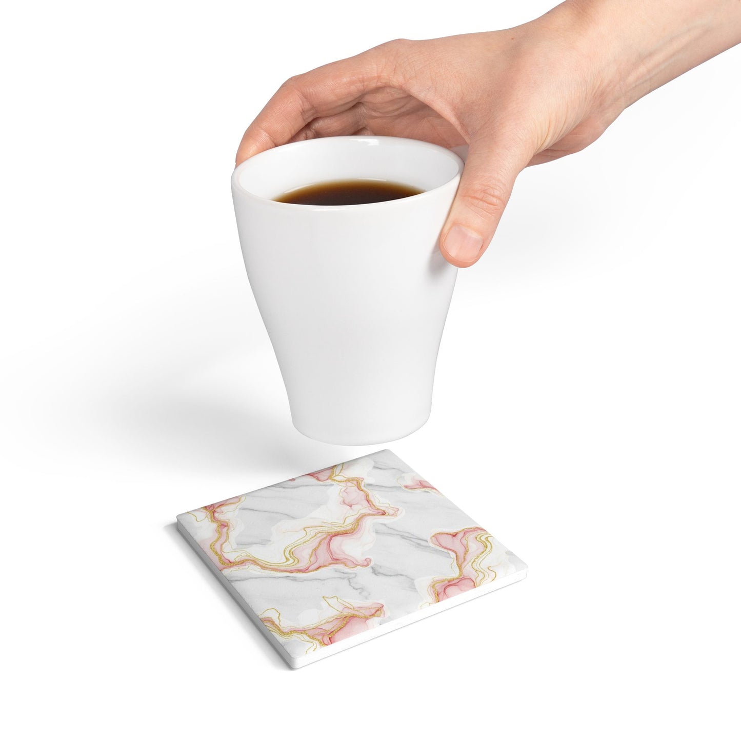 Marble Pink & Gold Swirl Ceramic Coaster — Elegant Drink Coaster for Home Décor