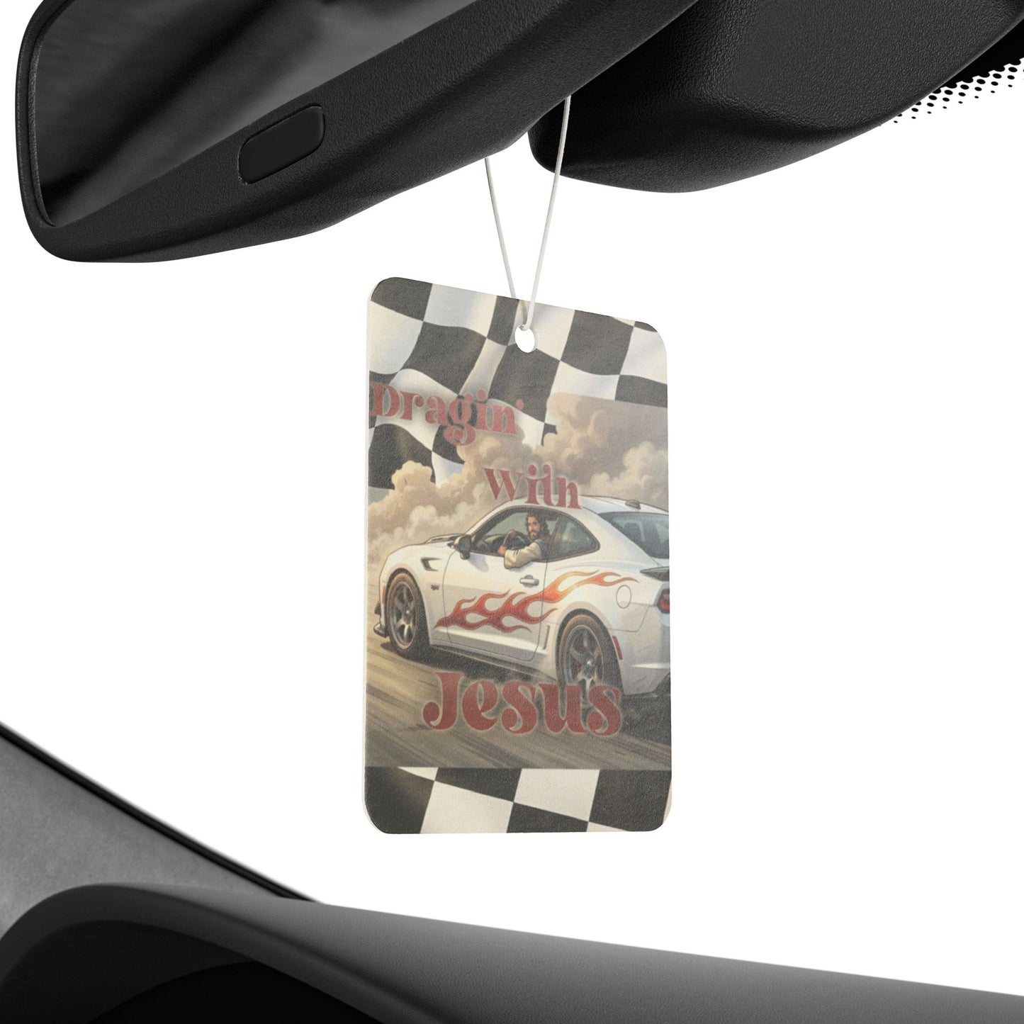 Car Air Freshener — Racing Car with Flames & 'Dragin with Jesus' Inspirational Design
