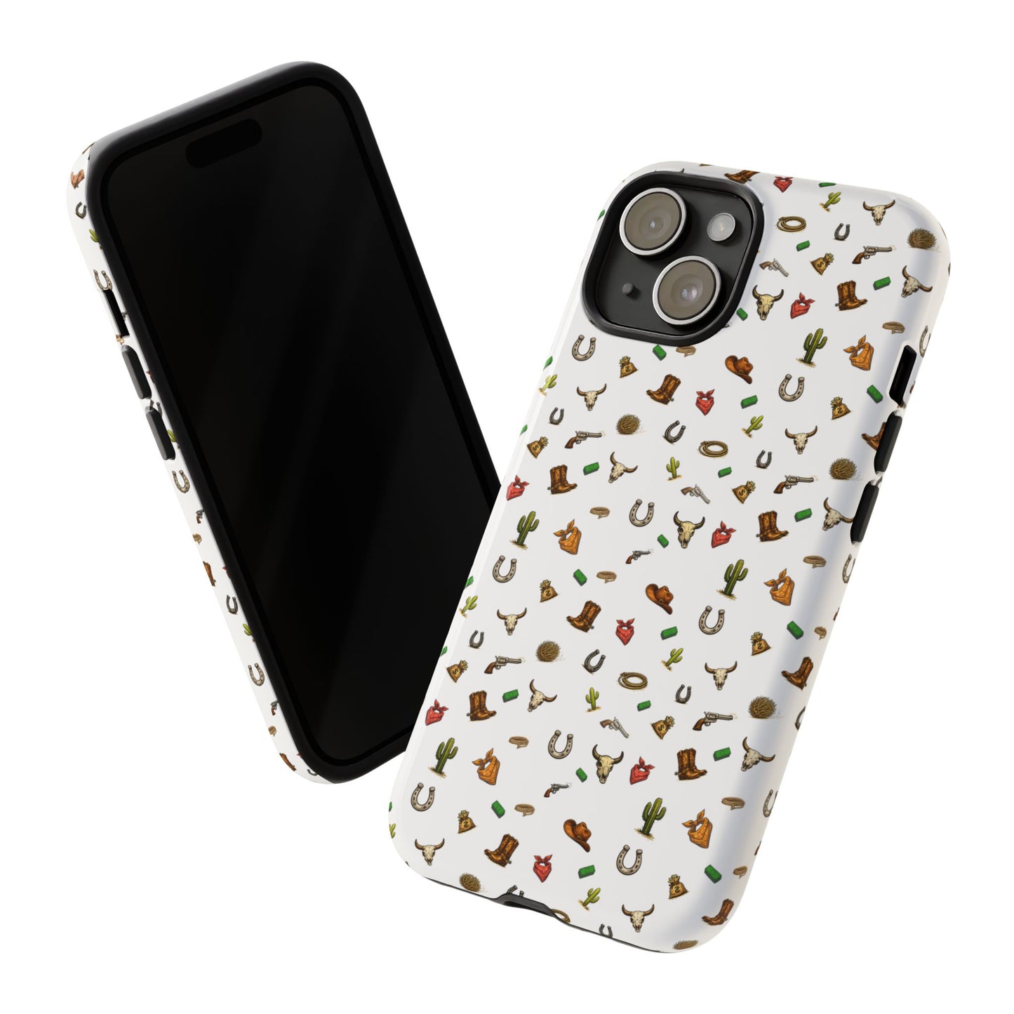 Western Cowboy Pattern Phone Case — Rodeo Hat, Horseshoe & Cactus Tough Case
