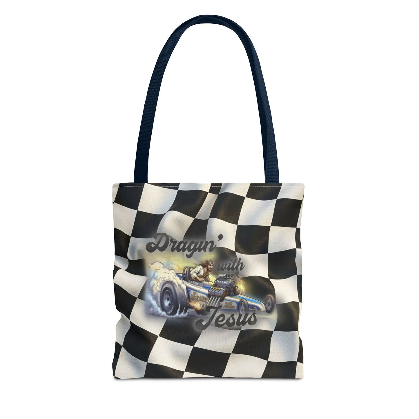 Dragin' Jesus Racing Tote Bag — Checkered Flag Vintage Hot Rod Tote