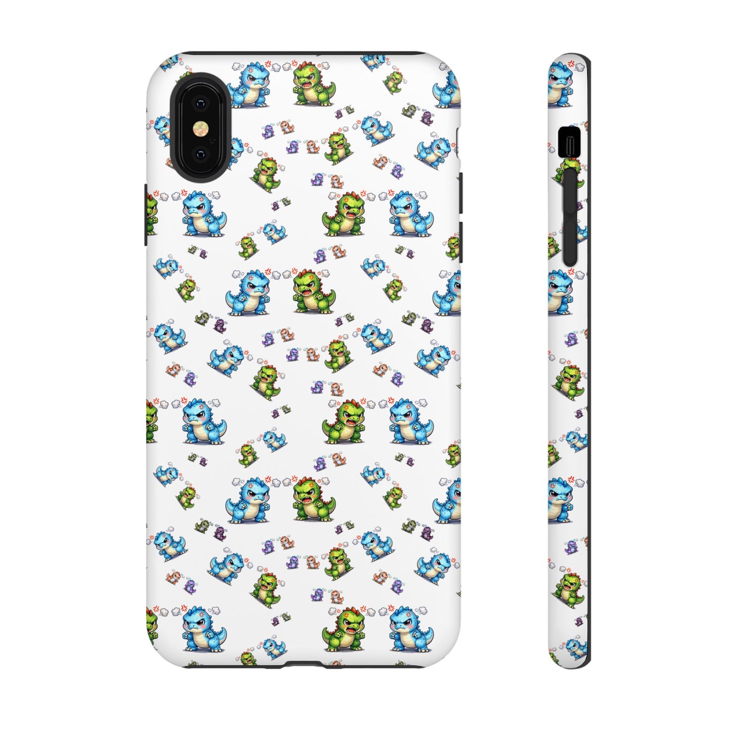 Cute Dino Pattern Phone Case — Cartoon Green & Blue Dino Tough Case, Protective iPhone Cover