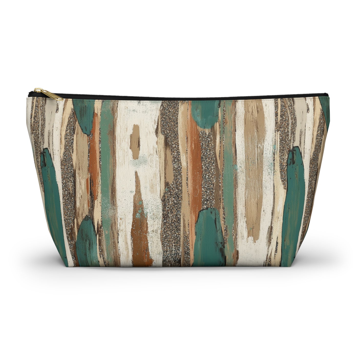 Abstract Teal & Earthtone Accessory Pouch — T-Bottom Cosmetic Bag