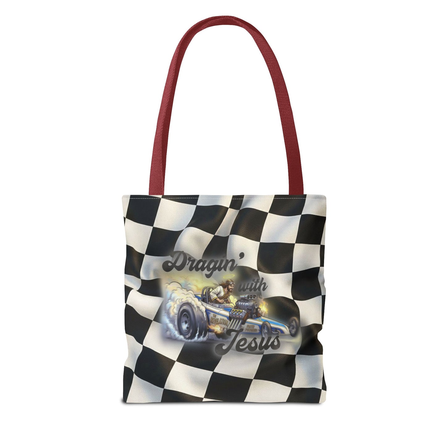 Dragin' Jesus Racing Tote Bag — Checkered Flag Vintage Hot Rod Tote