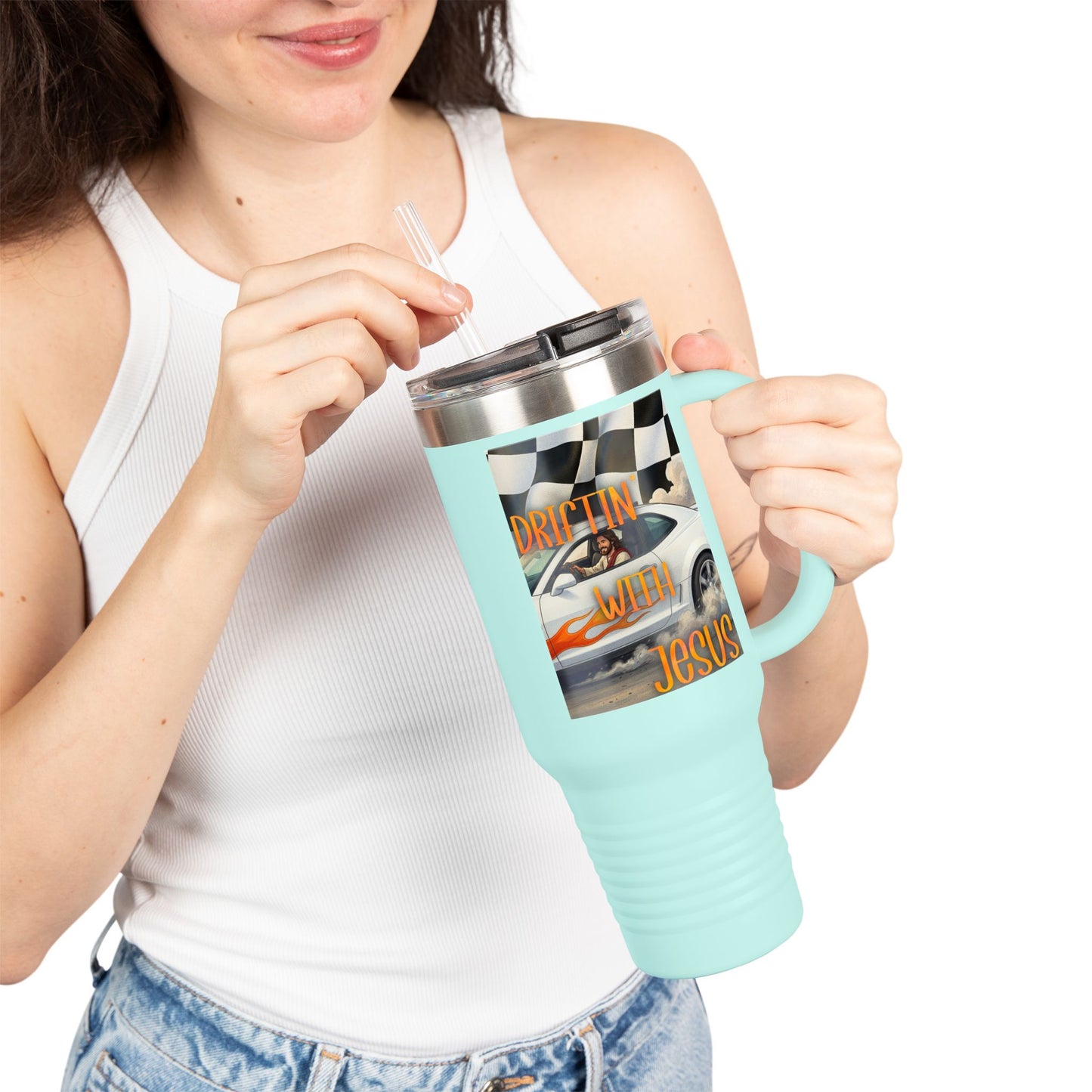 40oz Insulated Travel Mug — Vintage Race Car on Checkered Flag
