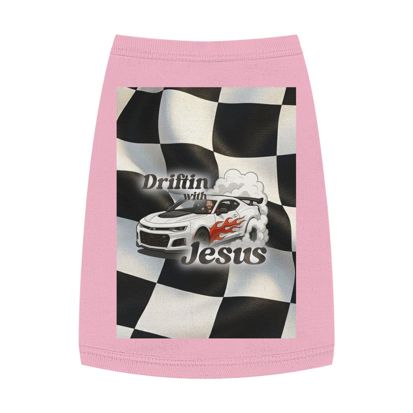 Pet Tank Top — "Driftin' with Jesus" Racing Flag Dog Shirt