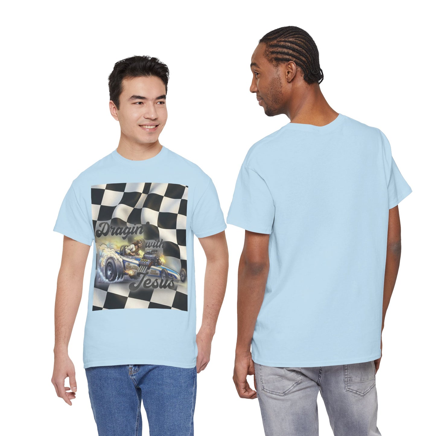 Racing Faith Tee – "Draggin' for Jesus" Checkered Flag Racing T-Shirt
