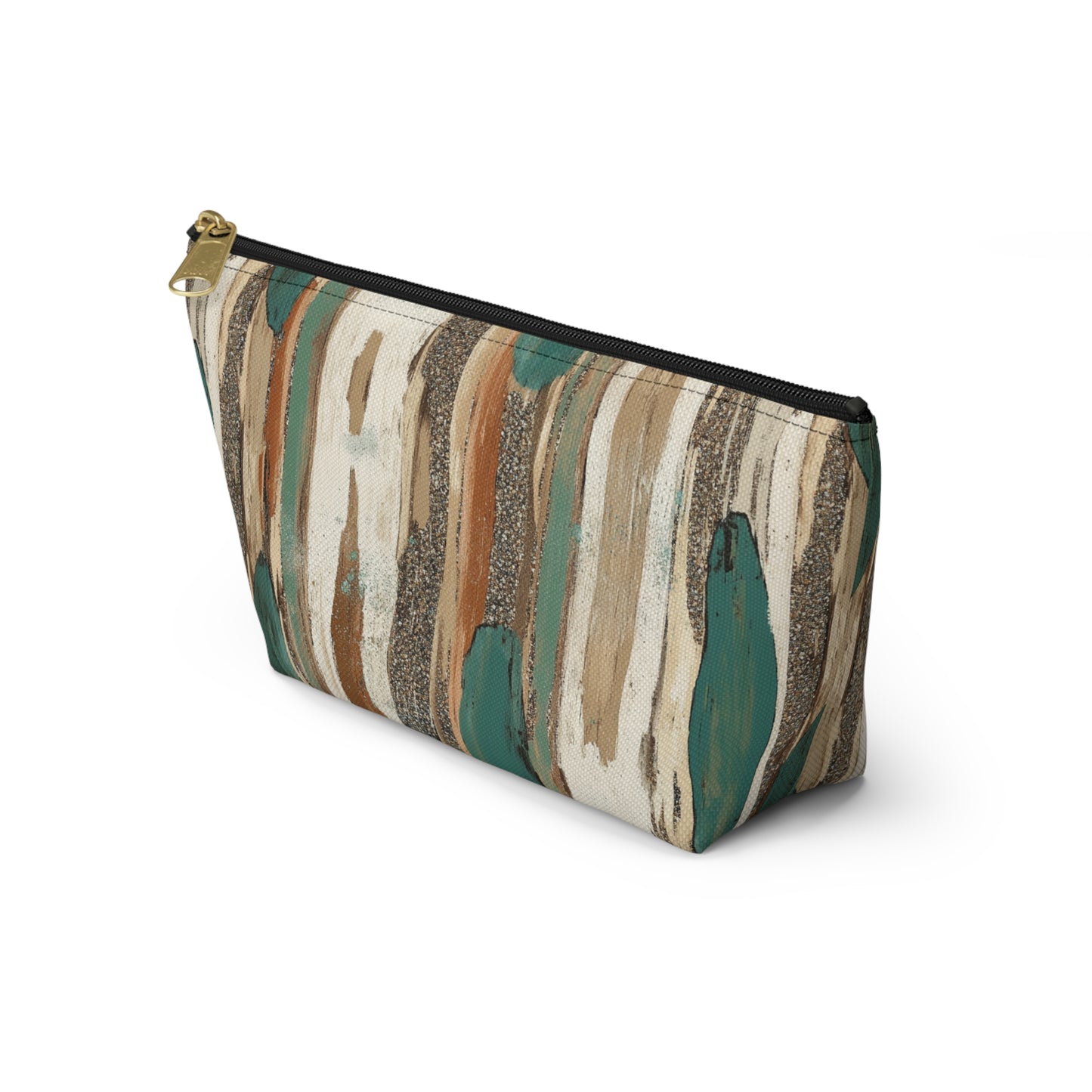 Abstract Teal & Earthtone Accessory Pouch — T-Bottom Cosmetic Bag