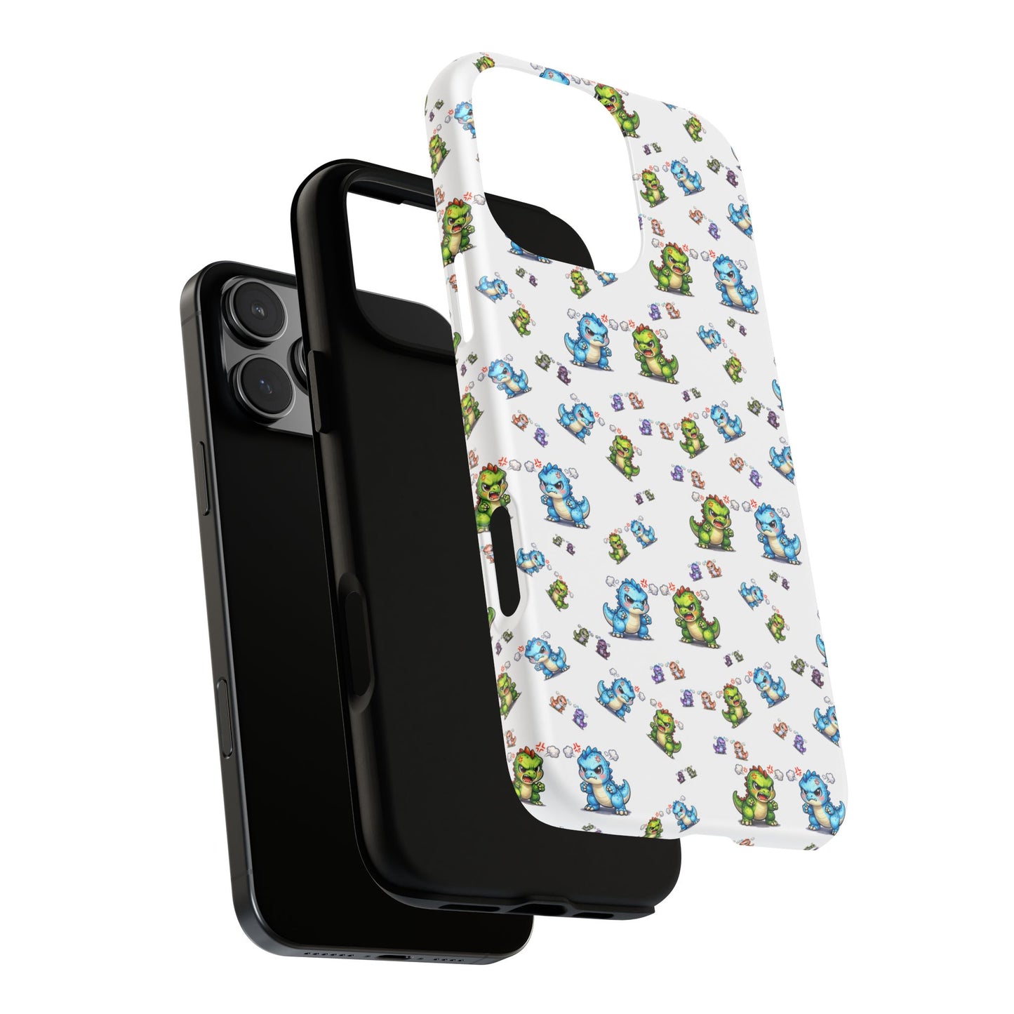 Cute Dino Pattern Phone Case — Cartoon Green & Blue Dino Tough Case, Protective iPhone Cover