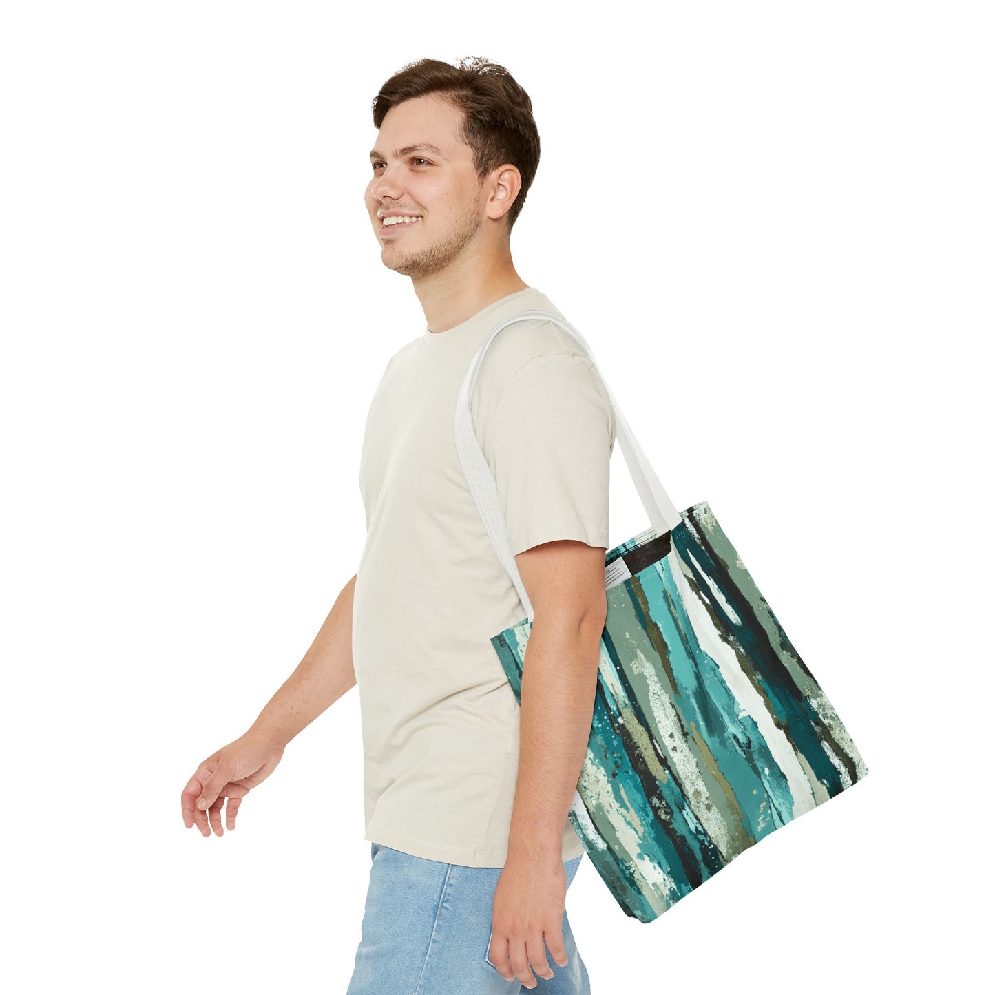 Abstract Teal Stripes Tote Bag — Vertical Brushstroke Pattern