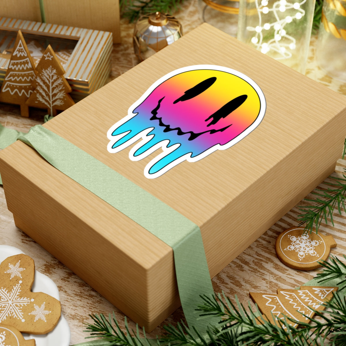 Dripping Rainbow Smiley Sticker — Melted Grunge Laptop Decal