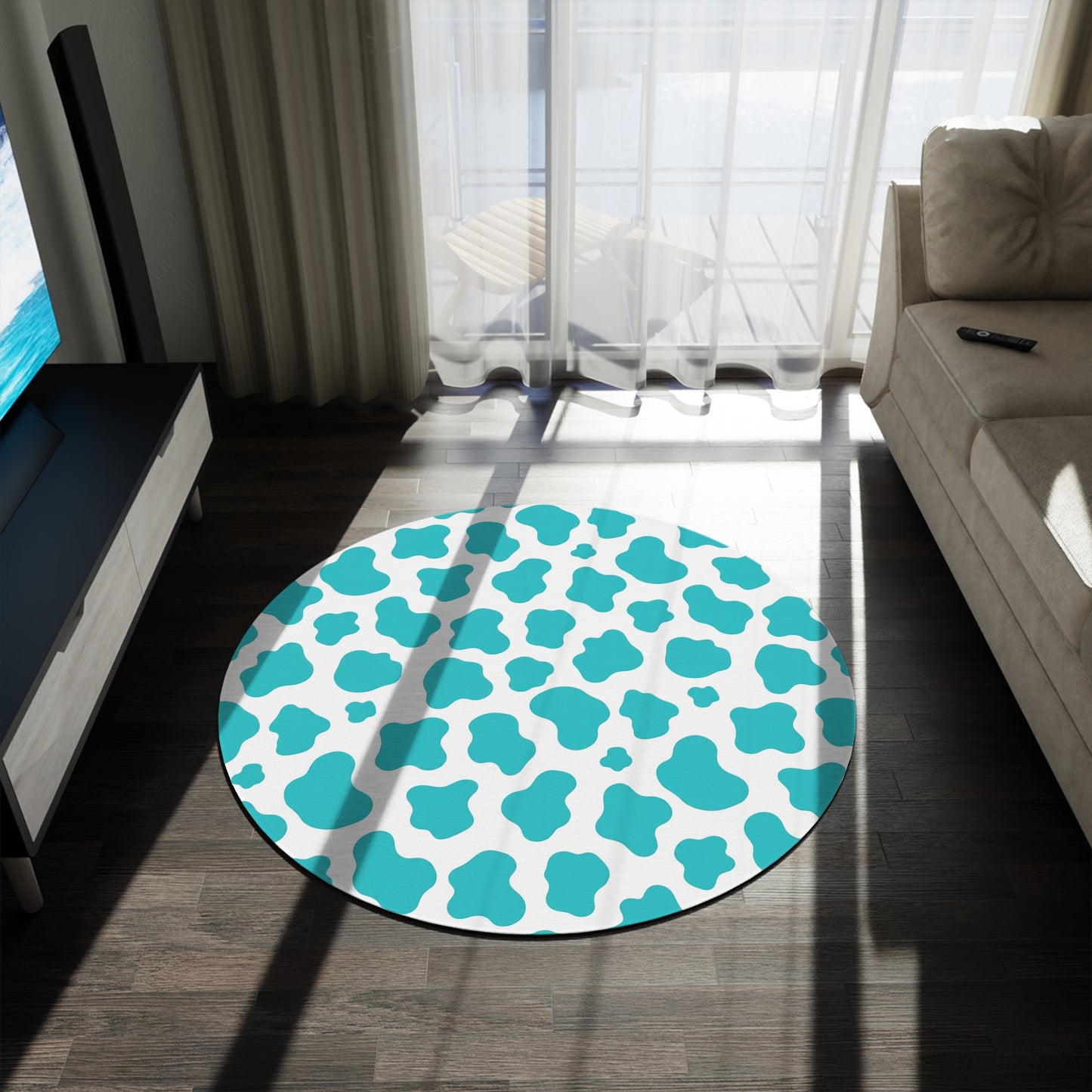 Teal cow print Round Rug — Modern Animal Print Accent Mat