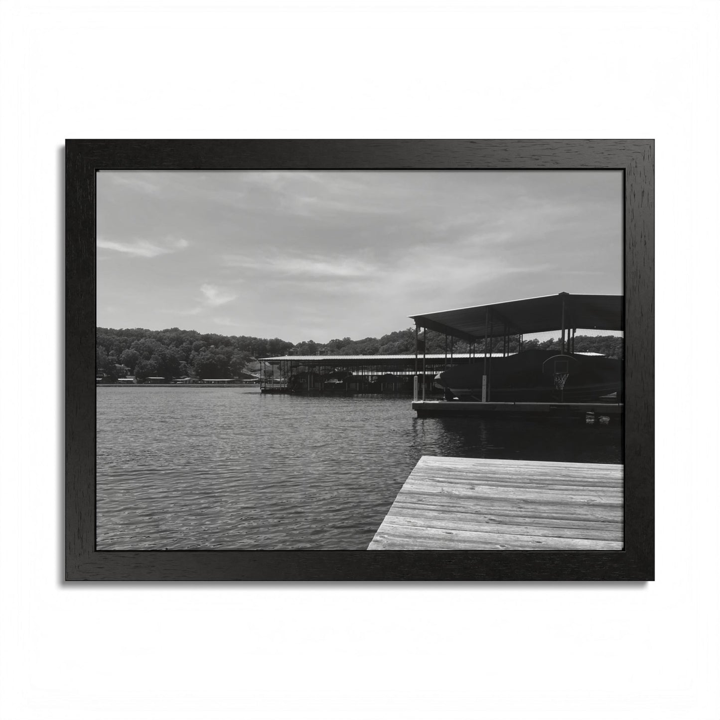 Lake Dock Framed Poster — Black & White Waterfront Wall Art