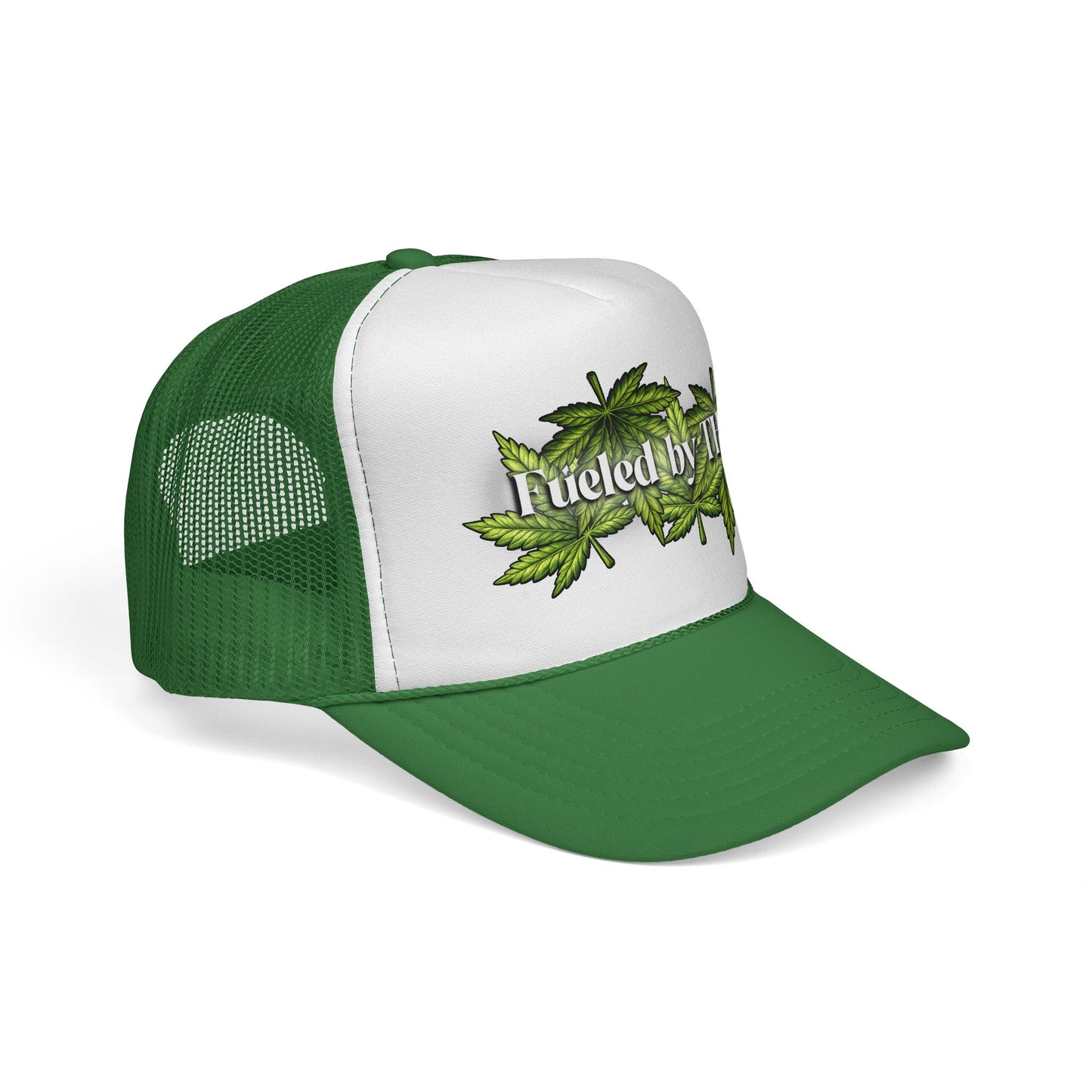 Trucker Cap — "Fueled by THC" Leaf Graphic Mesh Hat