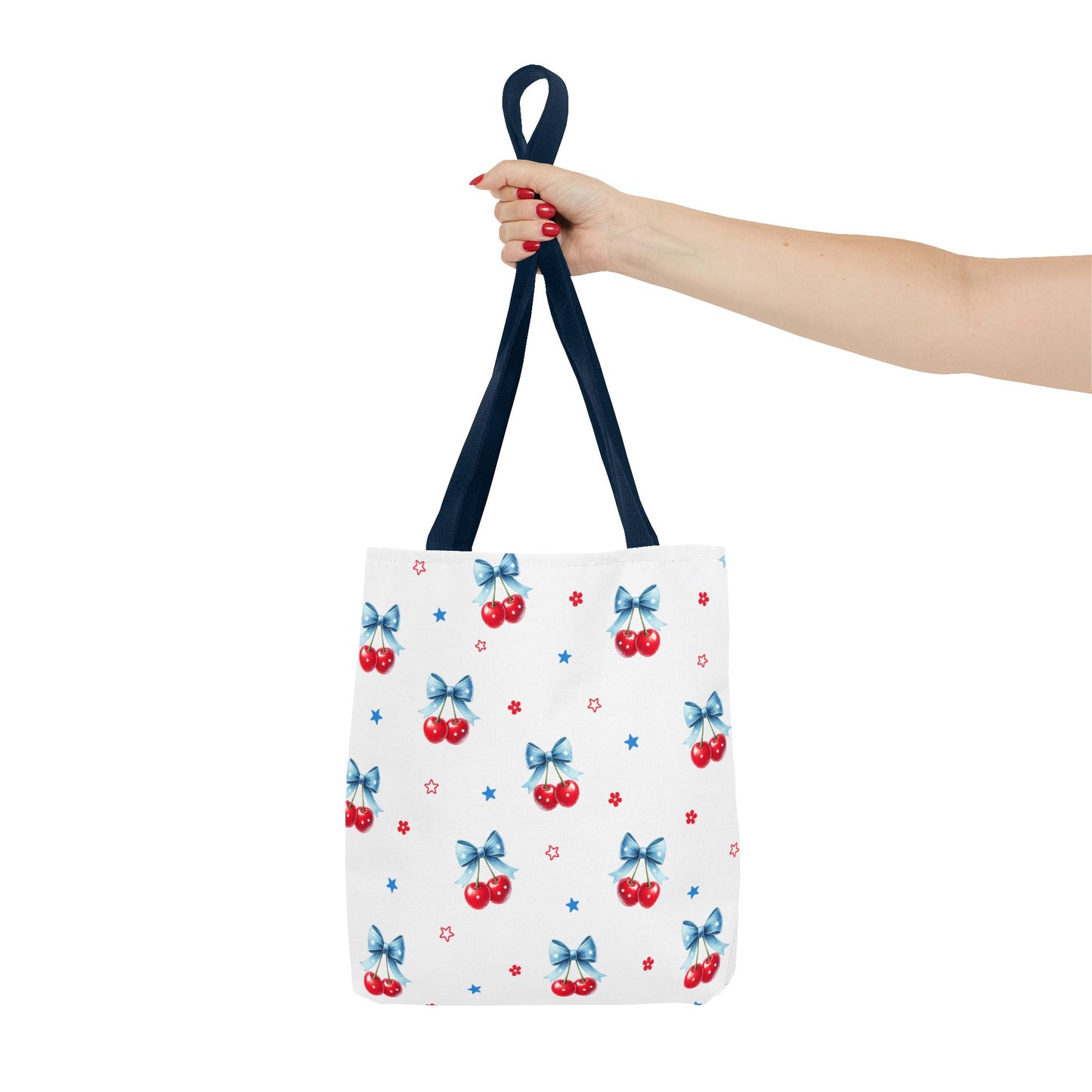 Cherry Bow Tote Bag — Cute Red Cherries with Blue Bows Patterned Shopper