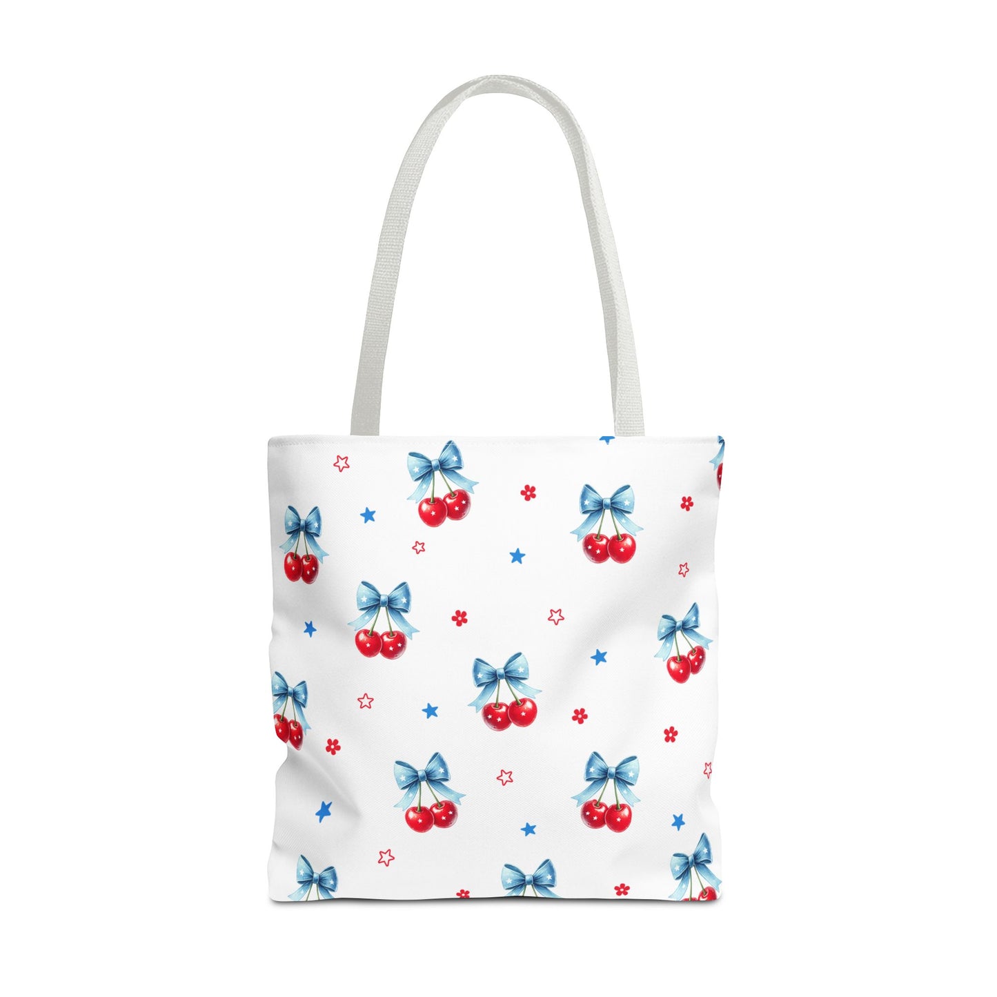 Cherry Bow Tote Bag — Cute Red Cherries with Blue Bows Patterned Shopper