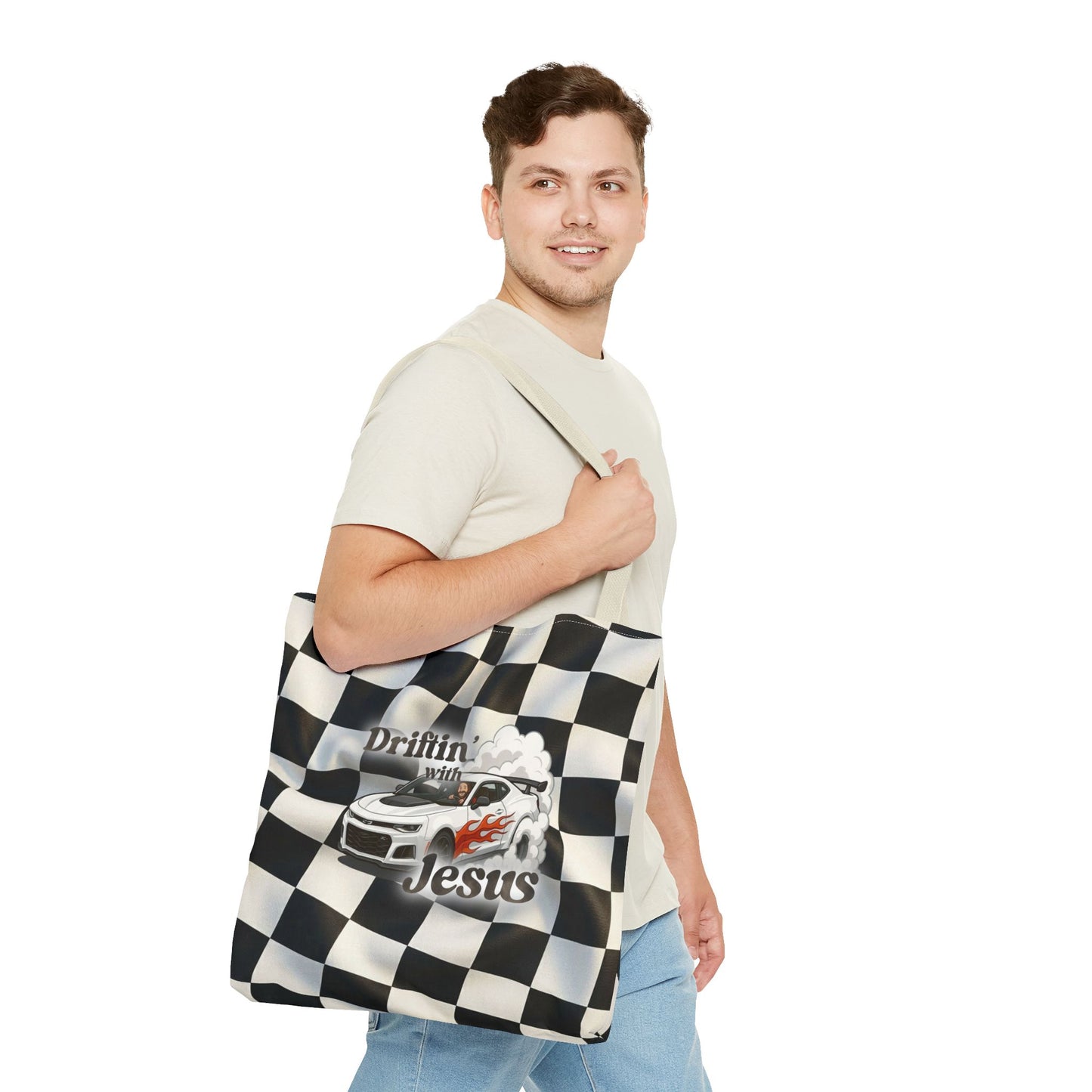 Driftin' with Jesus Racing Tote Bag - Checkered Flag Christian Car Gift