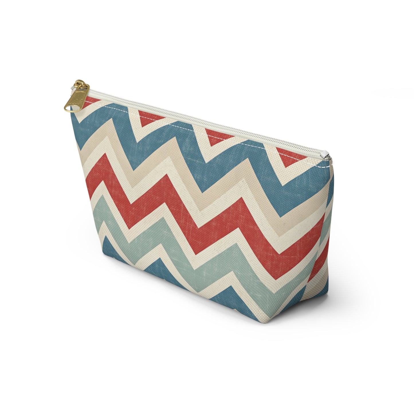 Chevron Accessory Pouch (T-Bottom) – Vintage Red, Blue & Cream Cosmetic Bag