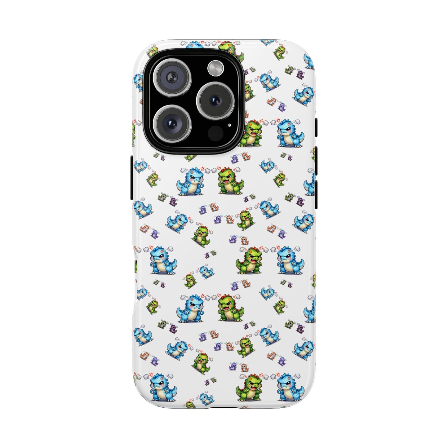 Cute Dino Pattern Phone Case — Cartoon Green & Blue Dino Tough Case, Protective iPhone Cover