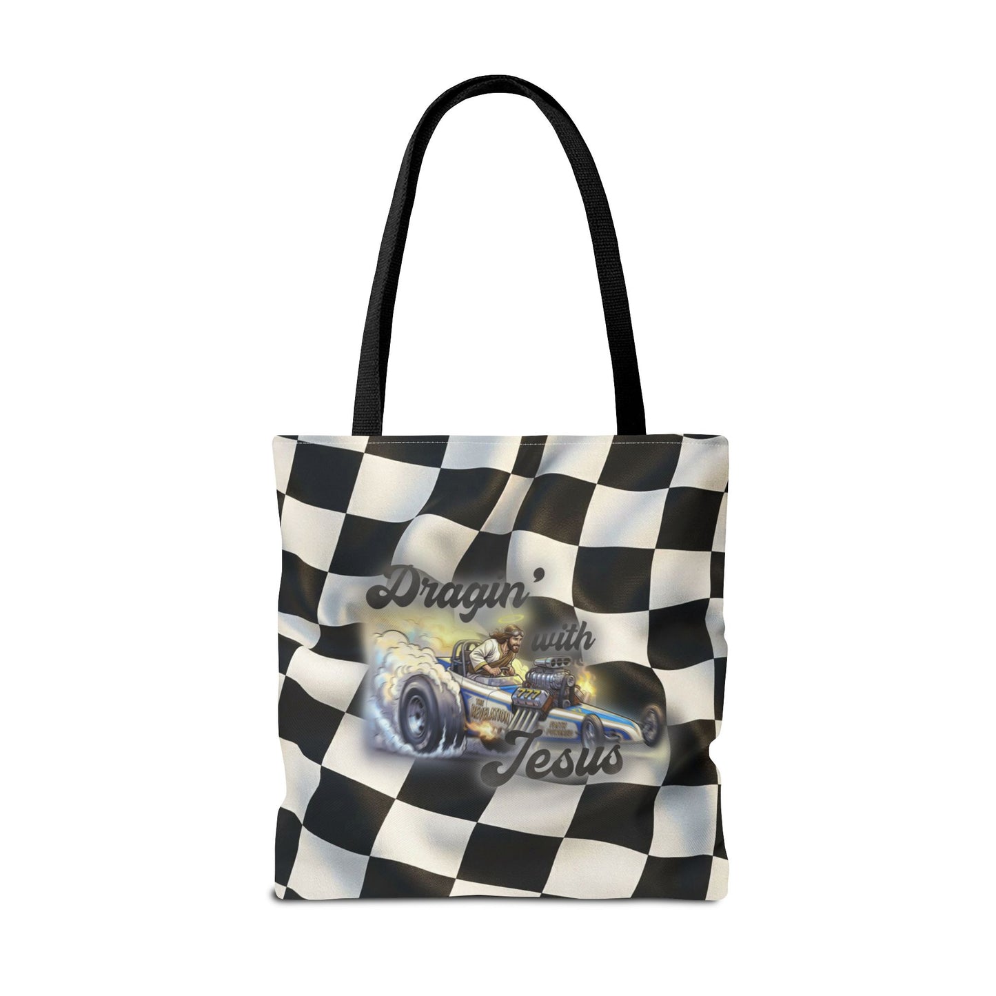 Dragin' Jesus Racing Tote Bag — Checkered Flag Vintage Hot Rod Tote
